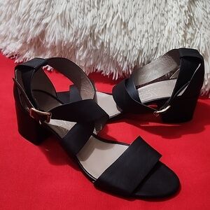 AGL Black Leather Crisscross Block Heel Sandals